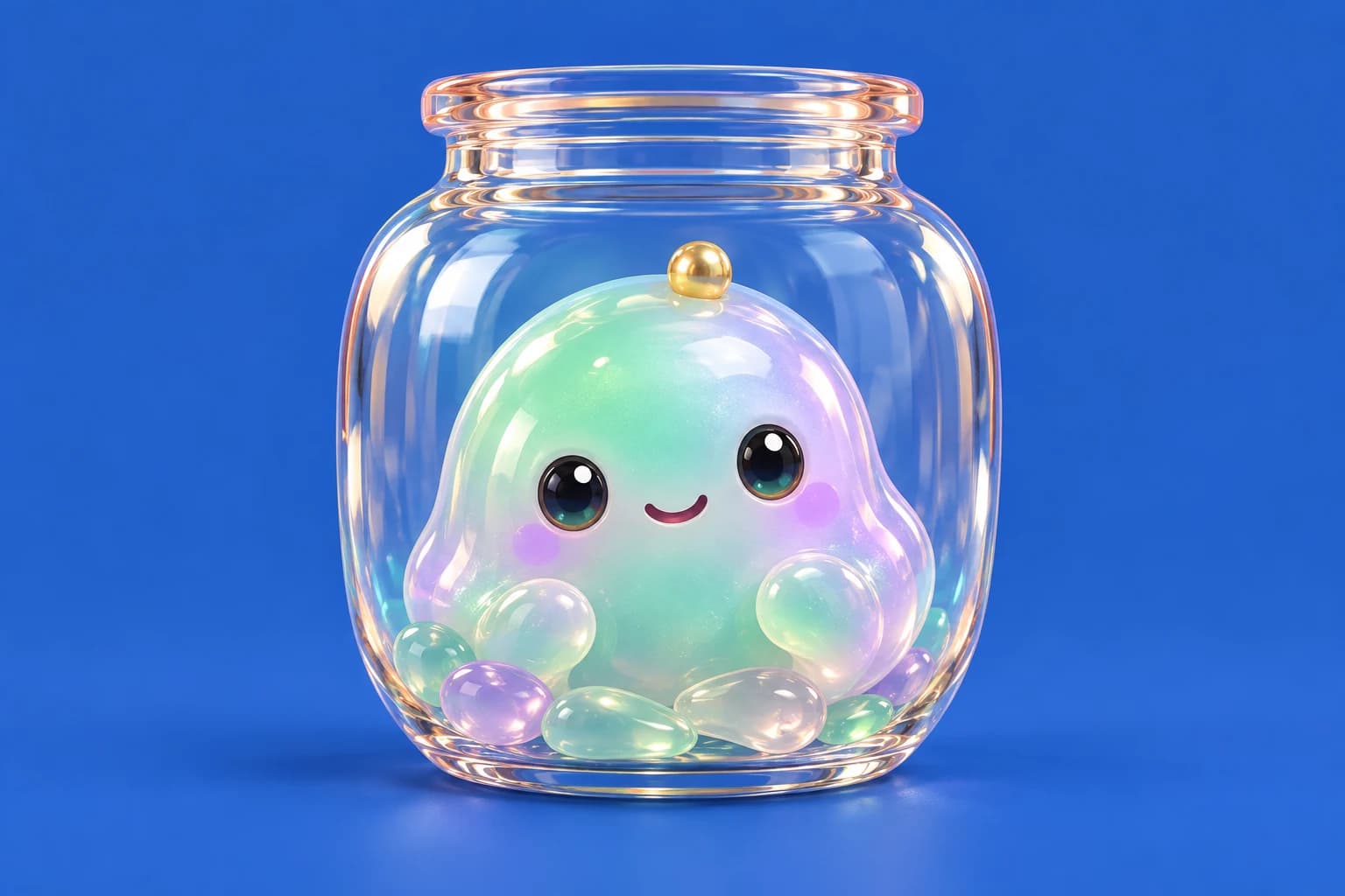 A smiling mint and lavender jelly mascot nestled in a luminous glass jar.